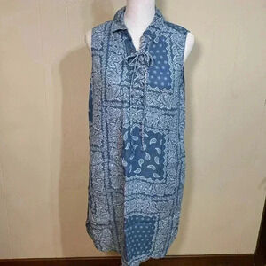 Christina B Sleeveless Small Denim Chambray Paisley Print Lace Up Tunic Dress.